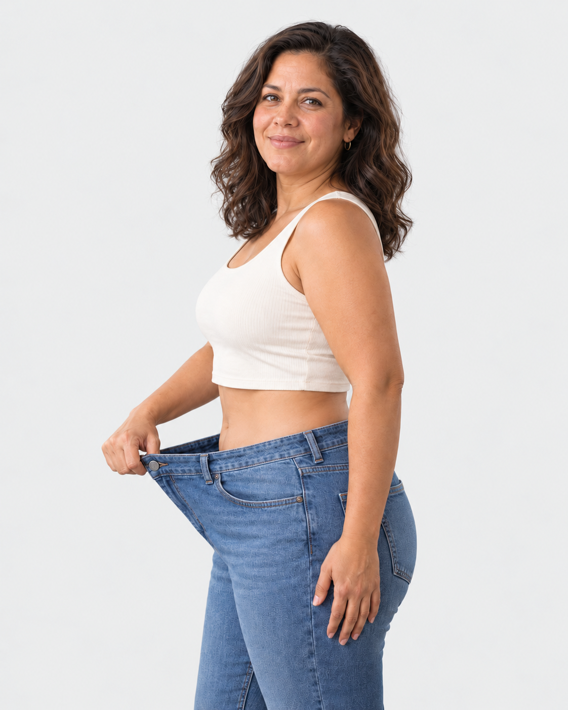 Mujer de lado mostrando la cintura holgada de sus jeans
